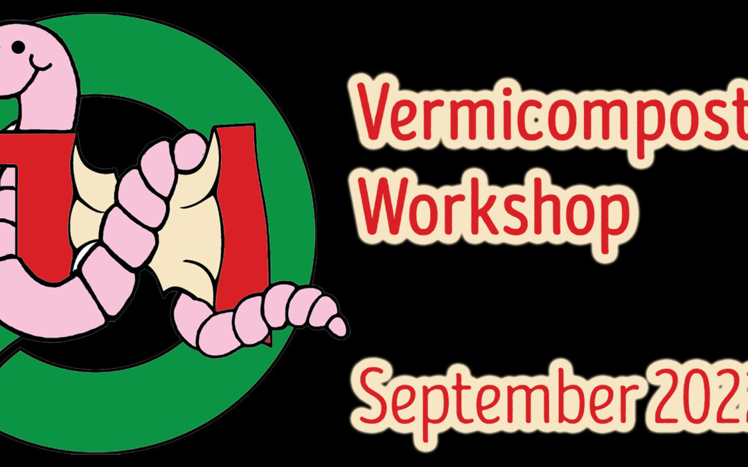 image of pink worm crawling around red apple core beside the words "Vermicomposting Workshop September 2022" in red