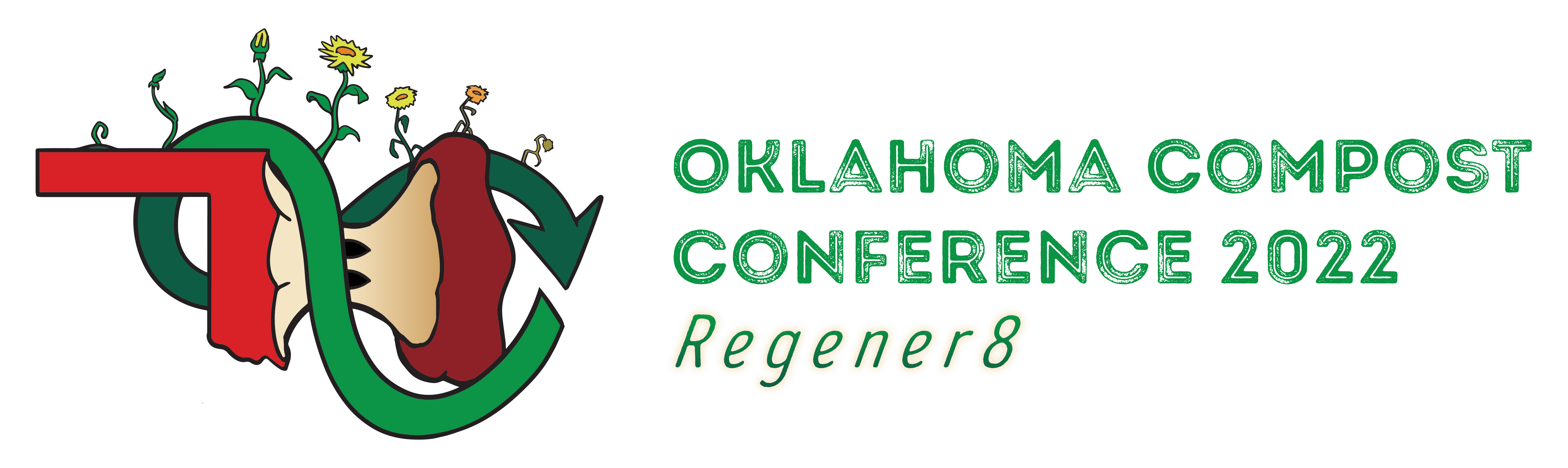 Banner image of green infinity symbol wrapped around red apple core with the text Oklahoma Compost Conference 2022 Regener8