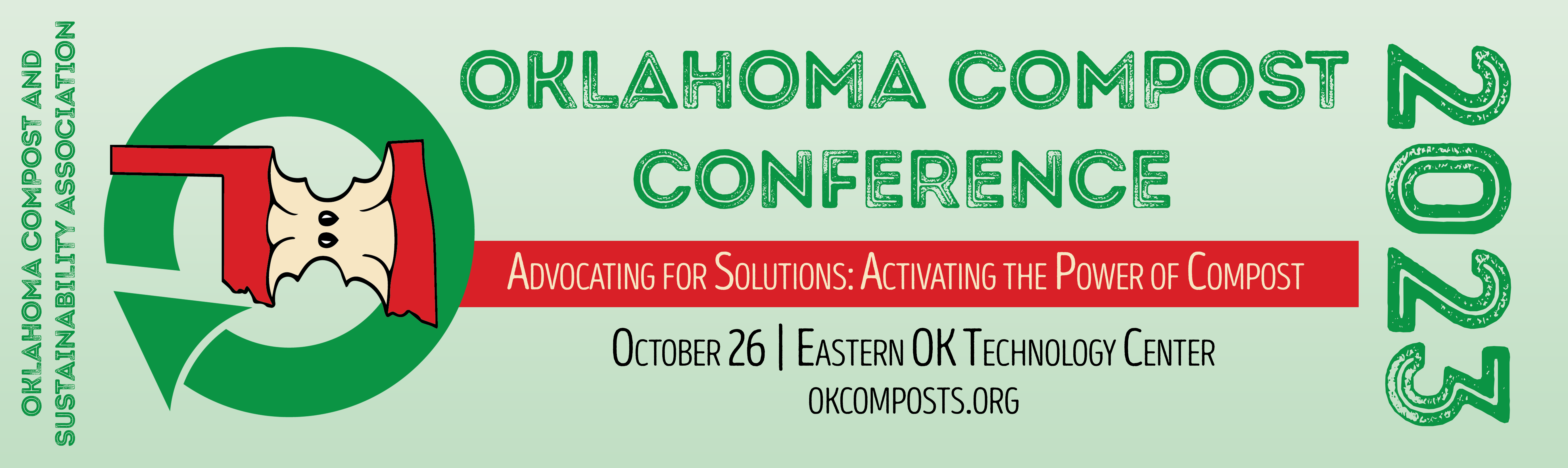 banner graphic with OCASA apple logo and text: Oklahoma Compost Conference 2023, Advocating for Solutions: Activating the Power of Compost; October 26, Eastern OK Technology Center, okcomposts.org